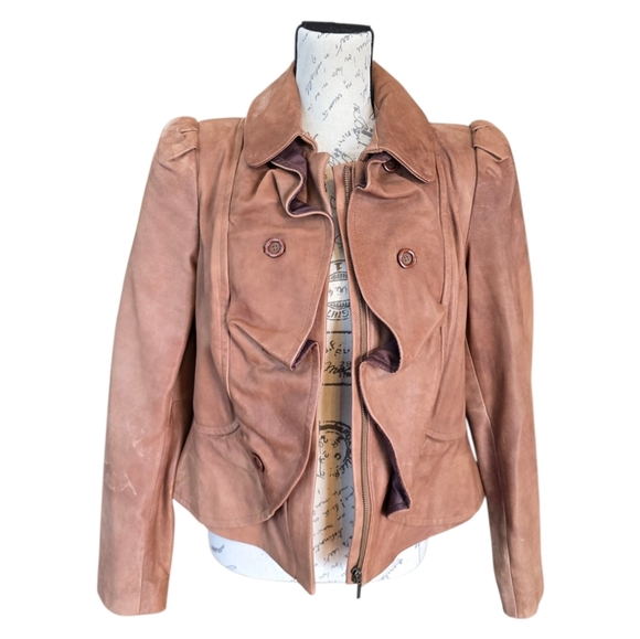 INC International Concepts Brown Structured Ruffle Collar Leather Zip Up Jacket - Picture 1 of 8